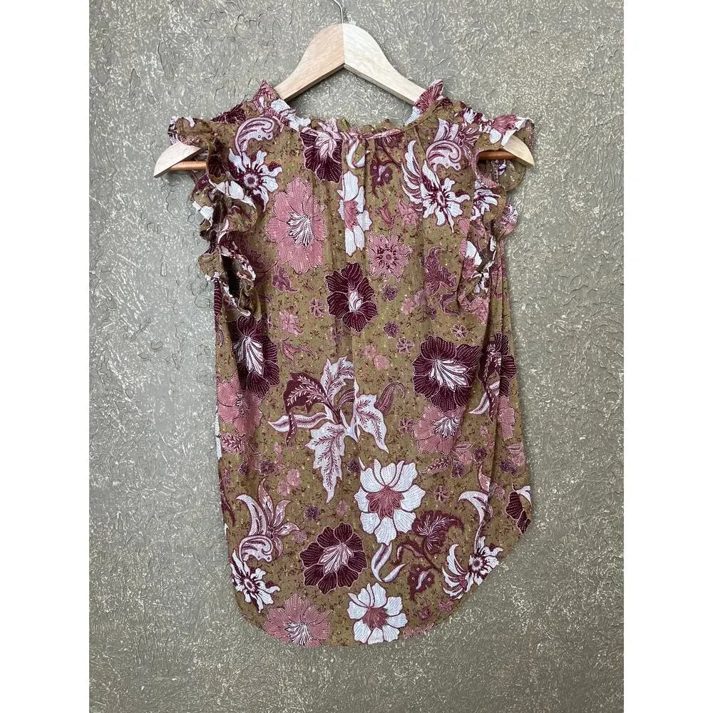 Joie Floral Ruffle Sleeve Blouse Textured Chiffon Boho Brown Pink White Size XS